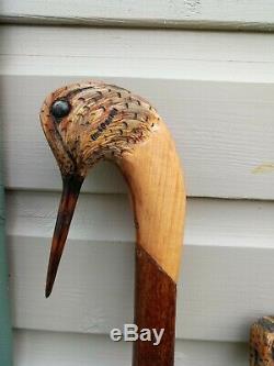 Woodcock head carved by hand on dark hazel shank, walking beating stick