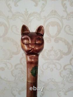 Wooden Carved Cat Walking Cane Walking Stick Cane Cat Head Handle