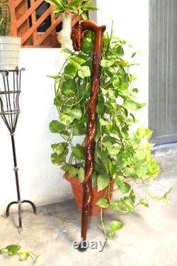 Wooden Carved Eagle Head & Snake Climbing On A Tree Shaped Cane handmade wood