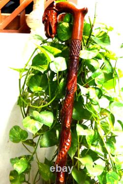 Wooden Carved Eagle Head & Snake Climbing On A Tree Shaped Cane handmade wood