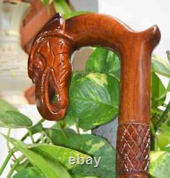 Wooden Carved Eagle Head & Snake Climbing On A Tree Shaped Cane handmade wood