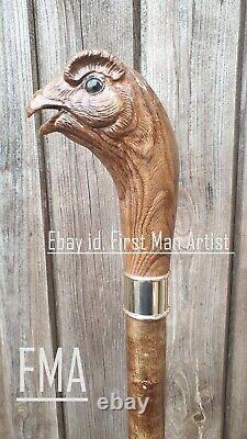 Wooden Hand Carved Bird Walking Cane Xmas GIFT Red Grouse BIRD Walking Stick