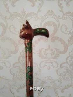 Wooden Hand Carved Cat Walking Cane Walking Stick Cane Cat Head Handle Best Gift
