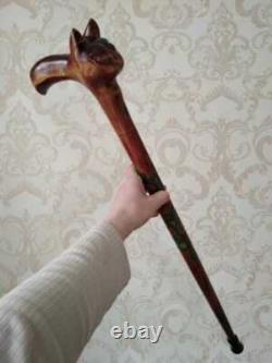 Wooden Hand Carved Cat Walking Cane Walking Stick Cane Cat Head Handle Best Gift