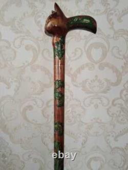 Wooden Hand Carved Cat Walking Cane Walking Stick Cane Cat Head Handle Best Gift