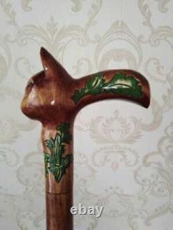 Wooden Hand Carved Cat Walking Cane Walking Stick Cane Cat Head Handle Best Gift