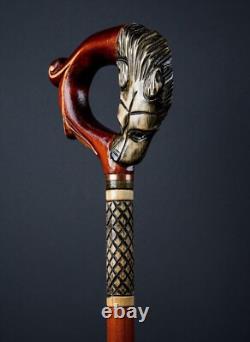 Wooden Hand Carved Wolf Style Cane Vintage Wooden Walking Stick Handmade Cane