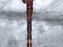 Wooden Walking Cane, Hand Carved Goat Design Walking Stick Cane / Wooden Staff