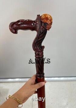 Wooden Walking Cane with Skull Head Ergonomic Palm Grip Handle 36 Wood Carved