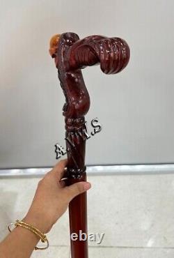Wooden Walking Cane with Skull Head Ergonomic Palm Grip Handle 36 Wood Carved
