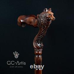 Wooden Walking Cane with Wolf Head Ergonomic Palm Grip Handle 36 Wood Carved