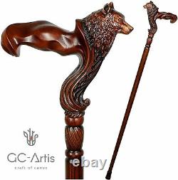 Wooden Walking Cane with Wolf Head Ergonomic Palm Grip Handle 36 Wood Carved