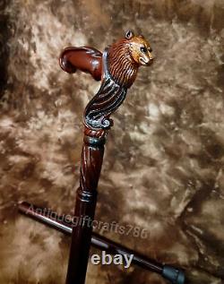 Wooden Walking Cane with Wolf Head Ergonomic Palm Grip Handle Wood Carved