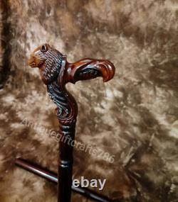 Wooden Walking Cane with Wolf Head Ergonomic Palm Grip Handle Wood Carved
