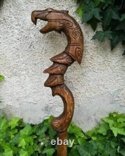 Wooden Walking Hand carved Dragon Priest Staff Stick 37 reclaimed hardwood