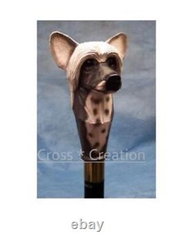 Wooden Walking Stick Cane Chinese Crested Dog Head Handle Carved Walking Cane