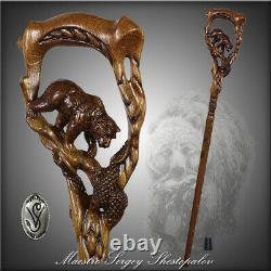 Wooden Walking Stick Cane Hand Carved Crafted Grizzly Bear Salmon Light for men