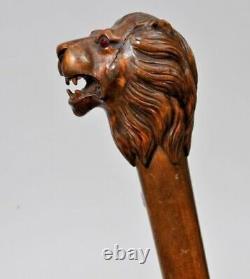 Wooden Walking Stick Cane Lion Head Handle Animal Wood Hand Carved Replica
