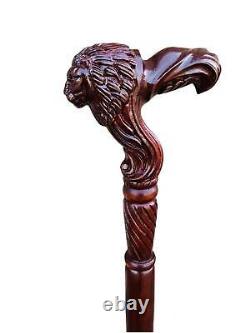Wooden Walking Stick Cane Lion Head Palm Grip Ergonomic Handle Anima Wood Carve