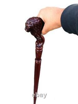 Wooden Walking Stick Cane Lion Head Palm Grip Ergonomic Handle Anima Wood Carve