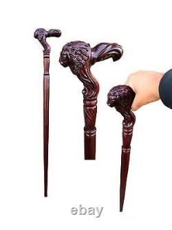 Wooden Walking Stick Cane Lion Head Palm Grip Ergonomic Handle Anima Wood Carve