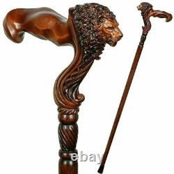 Wooden Walking Stick Cane Lion Head Palm Grip Ergonomic Handle Anima Wood Carved
