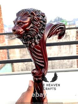 Wooden Walking Stick Cane Lion Head Palm Grip Ergonomic HandleAnimal Wood Carved