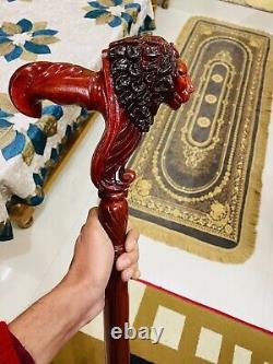 Wooden Walking Stick Cane Lion Head Palm Grip Ergonomic HandleAnimal Wood Carved