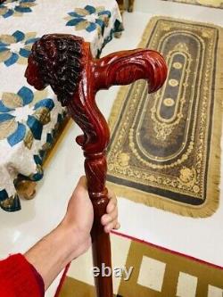 Wooden Walking Stick Cane Lion Head Palm Grip Ergonomic HandleAnimal Wood Carved