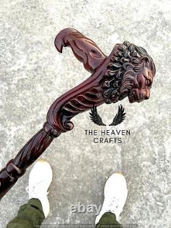 Wooden Walking Stick Cane Lion Head Palm Grip Ergonomic HandleAnimal Wood Carved