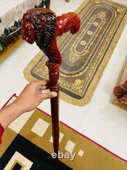 Wooden Walking Stick Cane Lion Head Palm Grip Ergonomic HandleAnimal Wood Carved