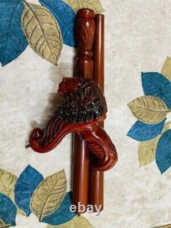 Wooden Walking Stick Cane Lion Head Palm Grip Ergonomic HandleAnimal Wood Carved