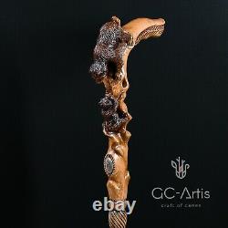 Wooden Walking Stick Cane Mother Bear hand carved Unique Light Comfortable