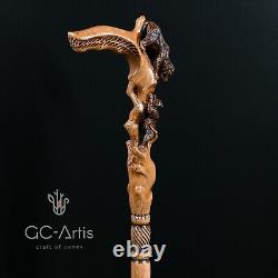 Wooden Walking Stick Cane Mother Bear hand carved Unique Light Comfortable