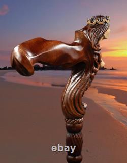 Wooden Walking Stick Cane Siren Ship Lady Handle, Wood Carved Comfortable Cane