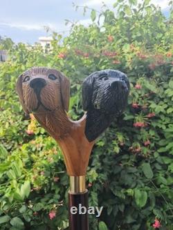 Wooden Walking Stick Hand-Carved Cane with Double Dog Head Handle