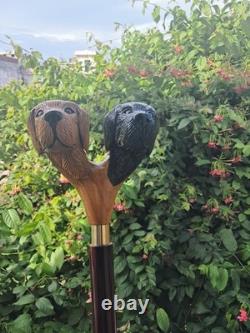 Wooden Walking Stick Hand-Carved Cane with Double Dog Head Handle