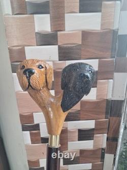 Wooden Walking Stick Hand-Carved Cane with Double Dog Head Handle