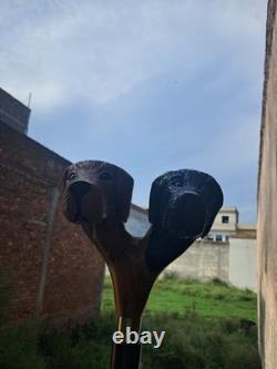 Wooden Walking Stick Hand-Carved Cane with Double Dog Head Handle