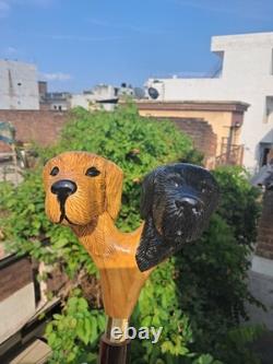 Wooden Walking Stick Hand-Carved Cane with Double Dog Head Handle