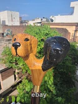 Wooden Walking Stick Hand-Carved Cane with Double Dog Head Handle