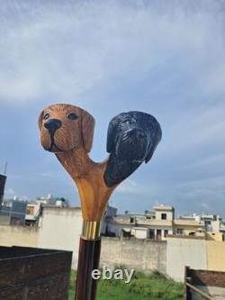 Wooden Walking Stick Hand-Carved Cane with Double Dog Head Handle