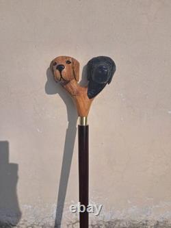 Wooden Walking Stick Hand-Carved Cane with Double Dog Head Handle