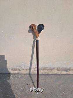 Wooden Walking Stick Hand-Carved Cane with Double Dog Head Handle
