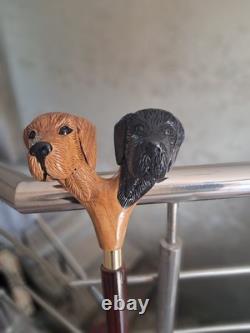 Wooden Walking Stick Hand-Carved Cane with Double Dog Head Handle