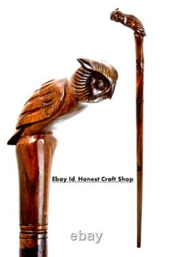 Wooden Walking Stick Handmade Owl Head Handle Hand Carved