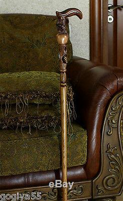 Wooden Walking Stick ane Hand Carved Engraved Handle Paradise Apple Tree