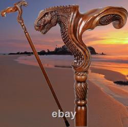 Wooden Walking Stick with T-rex Dinosaur Dragon Head Wood Carved Walking Can