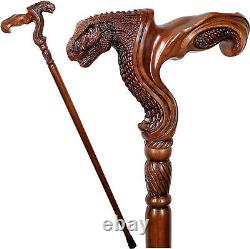 Wooden Walking Stick with T-rex Dinosaur Dragon Head Wood Carved Walking Cane