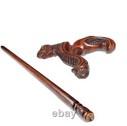 Wooden Walking Stick with T-rex Dinosaur Dragon Head Wood Carved Walking Cane